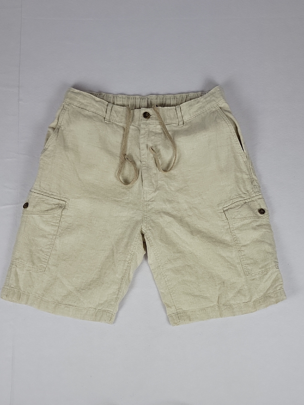 Men's Caribbean Beige 100% Linen Cargo Shorts Size 38 Elastic Waistband